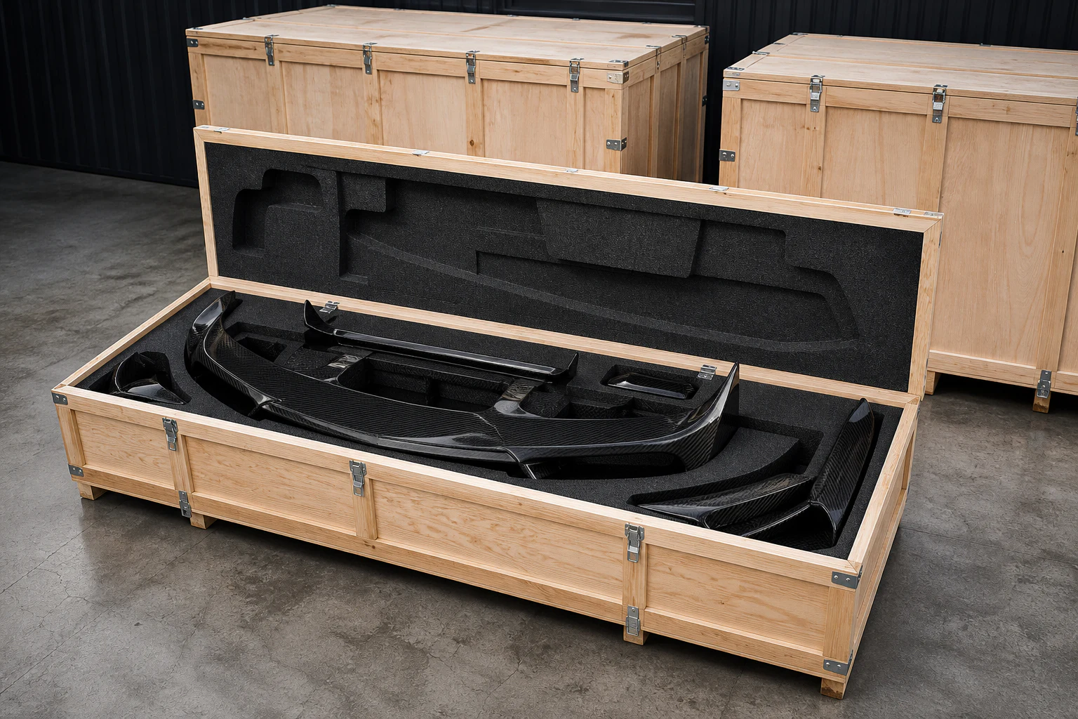 Carbon-fiber automotive body kit protected by custom foam in a wooden export crate