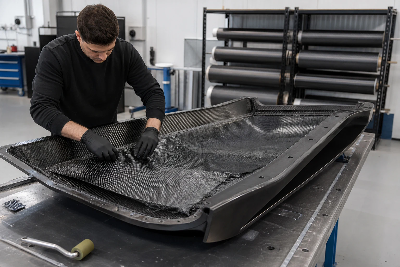 Technician laminating carbon fiber in an automotive body-kit mold
