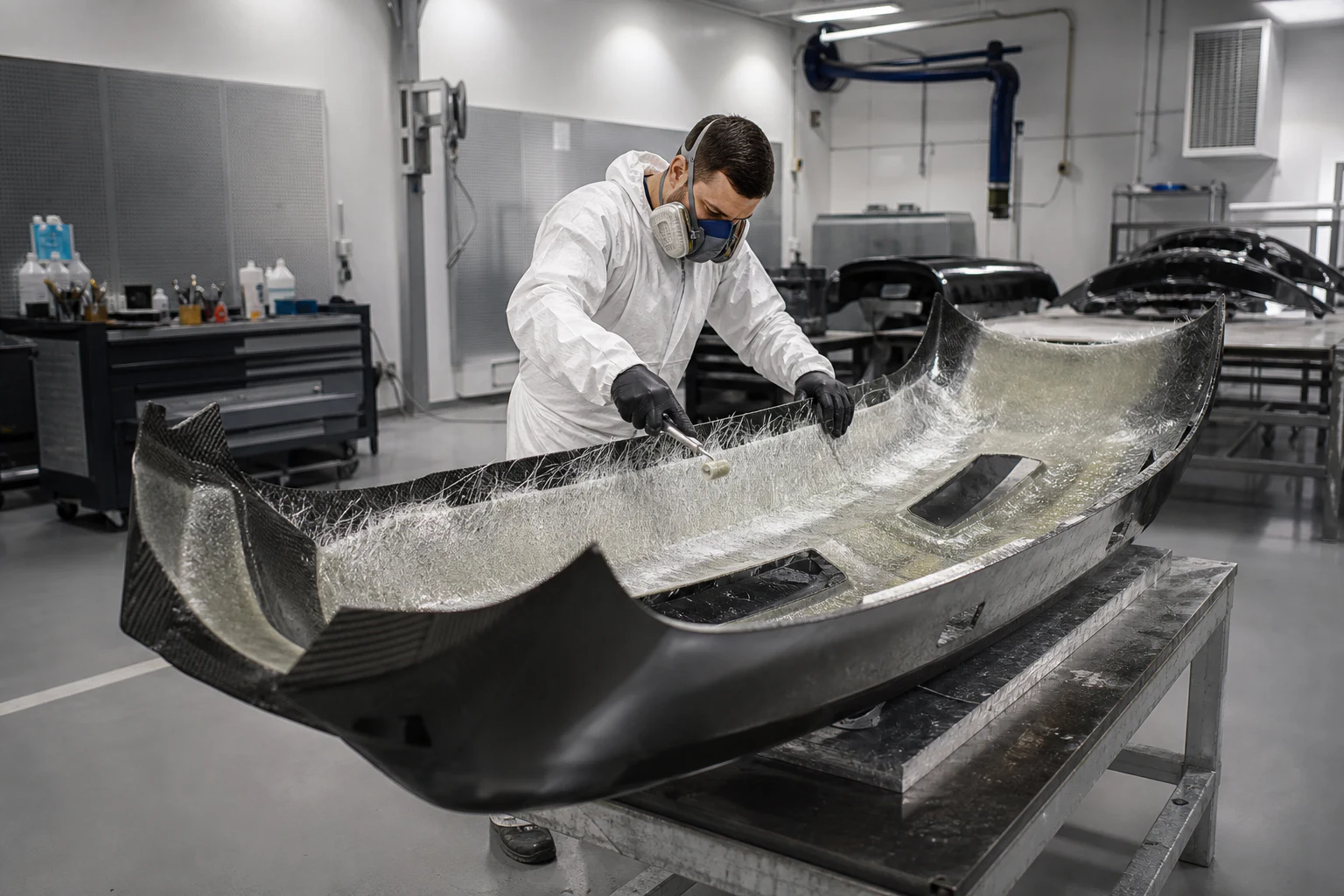 Technician hand-laying FRP in a large automotive bumper mold